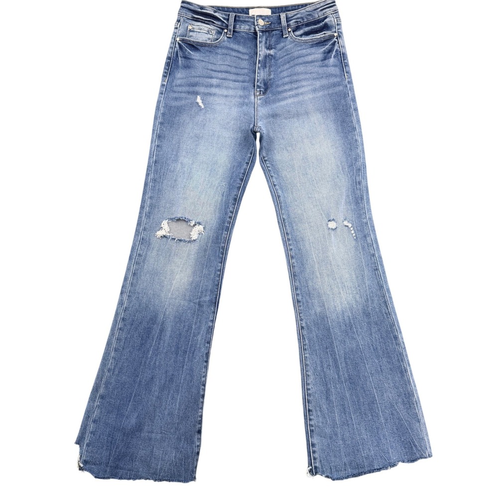 Petra 153 Womens High Rise Flare Jeans Distressed Raw Hem Blue Size 11/29 P1431F